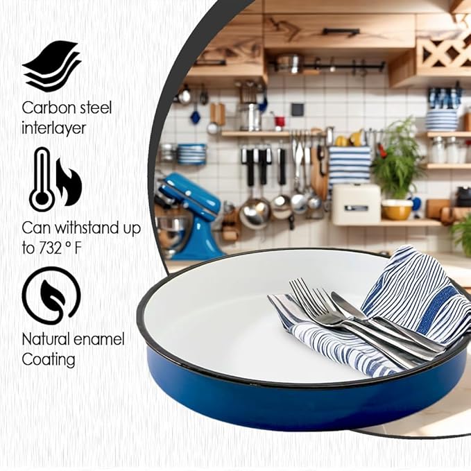 Enamel Large Roasting Pan 12.6 Inch Blue Baking Pan for Turkey Chicken Vegetables Round Cake Pan Dishwasher Safe Heavy Duty Bakeware With 2.4 Inch Depth Oven Broiler & Stovetop Safe