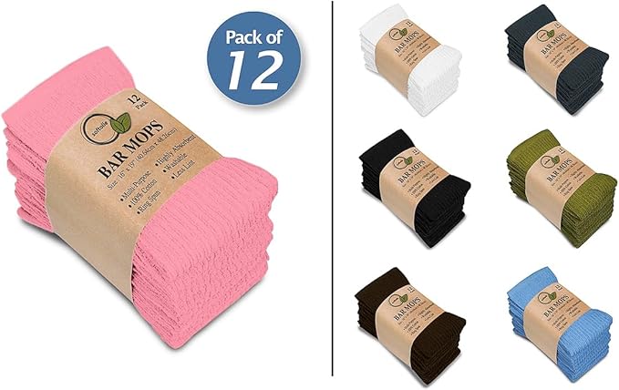 Softolle Bar Mop Towels, Pack of 12-16x19 Inches - 100% Cotton Super Absorbent Towels, Multi-Purpose for Home and Bar Cleaning (Pink)