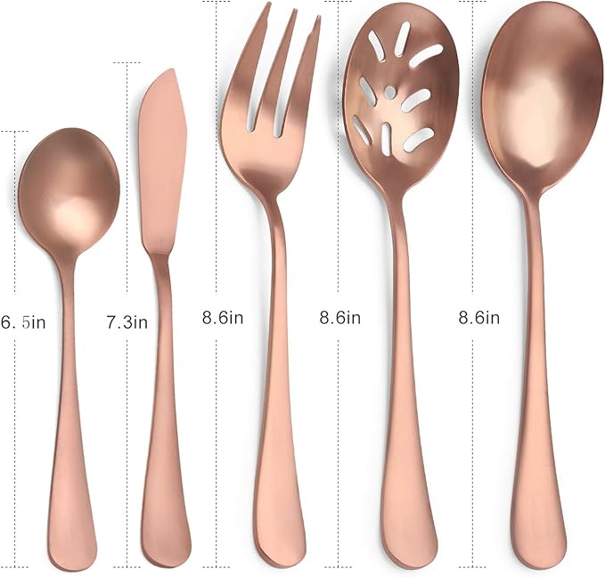 Matte Rose Gold Serving Set，SHARECOOK 5-Piece 18/0 Stainless Steel Large Hostess Set with Round Edge, Satin Finished, Dishwasher Safe -Spoons, Forks,Butter Knife& Slotted Spoon