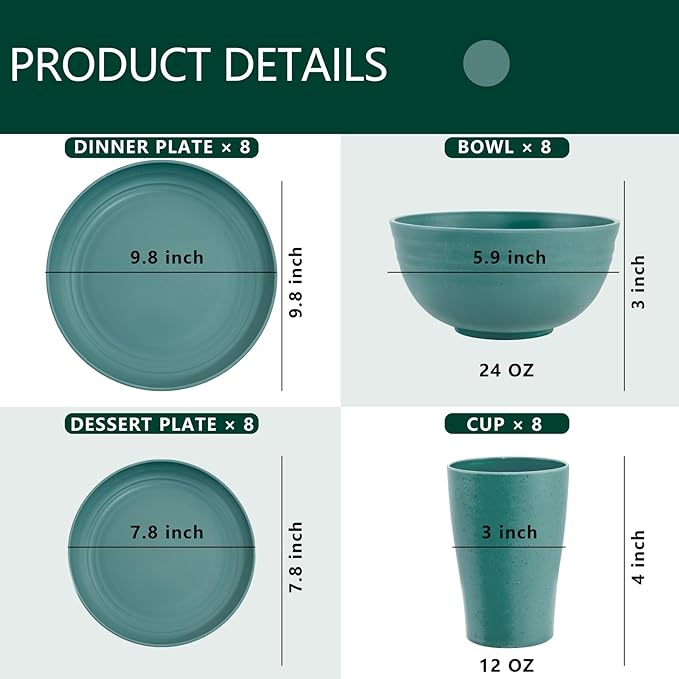 Supernal 32pcs Wheat Straw Dinnerware Sets,Dinnerware Sets for 8,Unbreakable Dinnerware,Reusable Tableware,Dark Green Set 16pcs Plates, 8pcs Bowls, 8pcs Cups,Microwave Dishwasher Safe