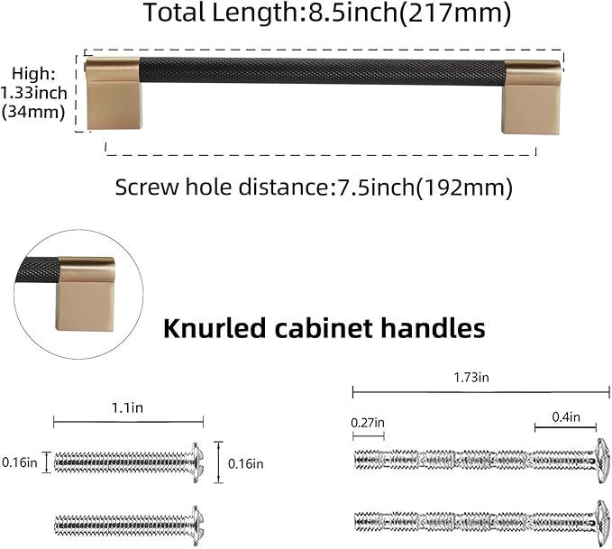 10 Pack 7-1/2 Inch (192mm) Black and Champagne Copper Cabinet Handles - Knurled Pulls for Kitchen Drawers and Cabinets - Hardware