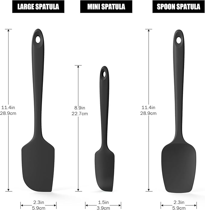 3-Piece Silicone Spatula Scrapers: Doosu 600°F Heat Resistant Food Grade Kitchen BPA Free Rubber Baking Cooking Tool Nonstick Utensil Set for Mixing, Scraping, Folding, Stirring, Serving (Black)