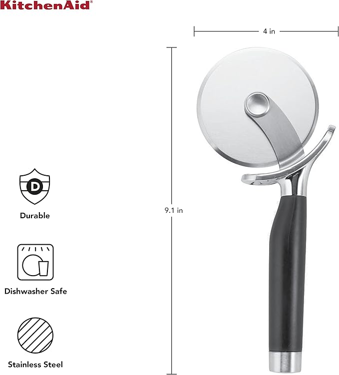KitchenAid Gourmet Stainless Steel Pizza Wheel with Sharp Blade to Easily Cutting Pizza Crusts, Pies, and more, Finger Guard for Safety and Comfort Grip to Protect Fingers, Dishwasher Safe, Black
