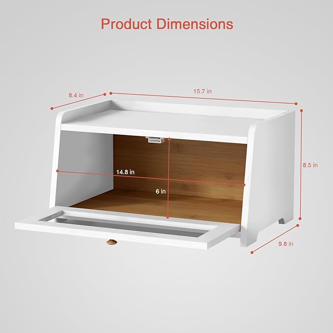 White Bread Box for Kitchen Countertop, Modern Counter Breadbox for Homemade Bread, Large Corner Bread Storage Container for Sourdough Loaf Organizers and Storage (White Bamboo Wood)