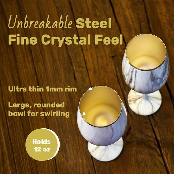 NEWPORT Stemware Collection Premium Vacuum Insulated Stainless Steel Wine Glass, Lightweight Wine Glass, Unbreakable & Drinks Stay Cold, Non-Slip Silicon Base, Cocktail Glasses, 12oz, Shimmer Gold