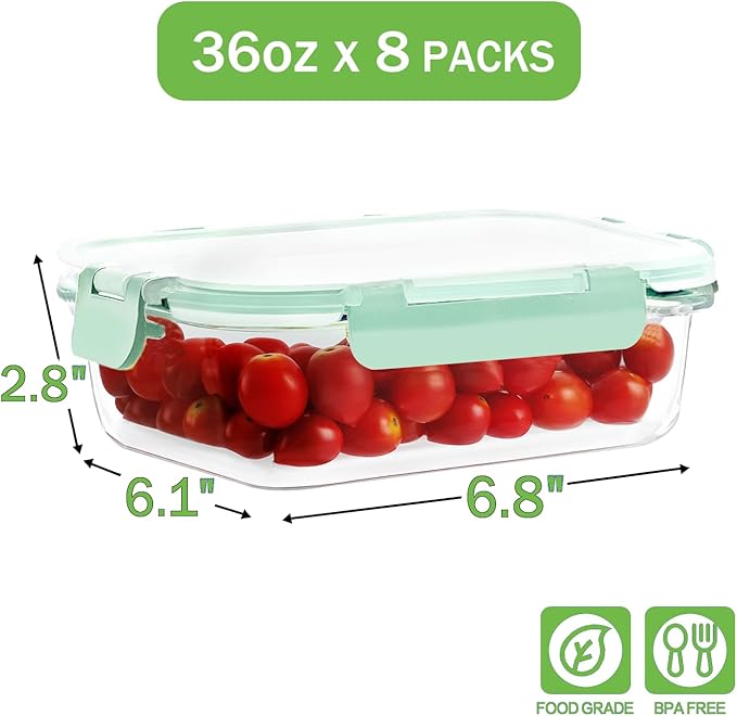 8 Pack 36oz Large Glass Meal Prep Containers with lids, Glass Food Storage Containers with Leak Proof Snap Lock Lids , Airtight Bento lunch Boxes, Kitchen Storage, Oven and Dishwasher Safe-Light Blue