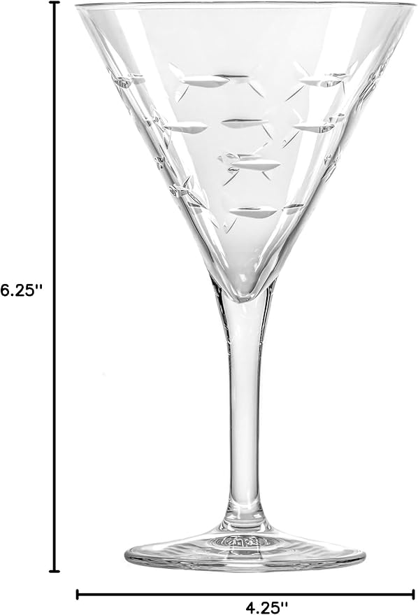 Rolf Glass School of Fish Martini Glass | Stemmed 7.5 oz. Martini Glasses | Lead-Free Glass | Diamond-Wheel Engraved Cocktail Glasses | Made in the USA (Set of 4)