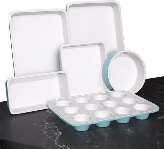 NutriChef 6-Piece Baking Pan Set, Carbon Steel Bakeware with Premium Ceramic Nonstick Coating, Includes 12-Cup Muffin Pan, Cake & Loaf Pan, Wide Bake Pan, & Cookie Sheet - Turquoise