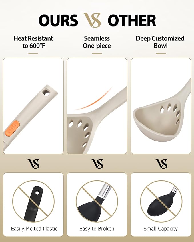 Silicone Pasta Fork and Ladle Spoon Set, Large Non Stick Kitchen Utensils for Cooking,Stirring,One Piece Serving Spaghetti, Soup, Sauce (KHAKI)