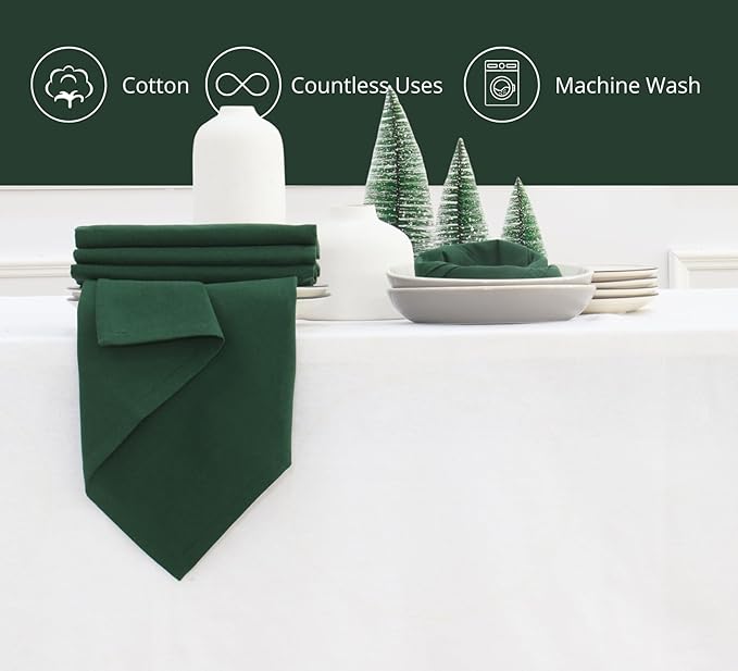 PurpleEssences Set of 6 Cloth Dinner Napkins 100% Cotton 18x18 Inch - Soft Durable Washable - Ideal for Farmhouse Party Christmas Holiday Winter - Perfect Everyday Use Table Linen - Forest Green