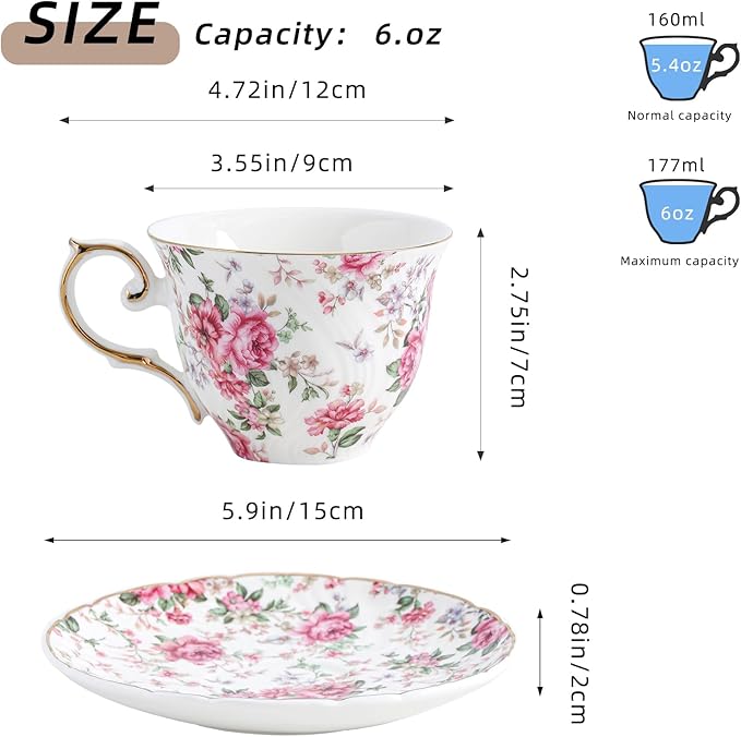 tea cups and saucers ceramic coffee mug 6oz for Coffee, Latte, Cafe Mocha and Tea-Set of 4 (Big flowers-Set of 4)
