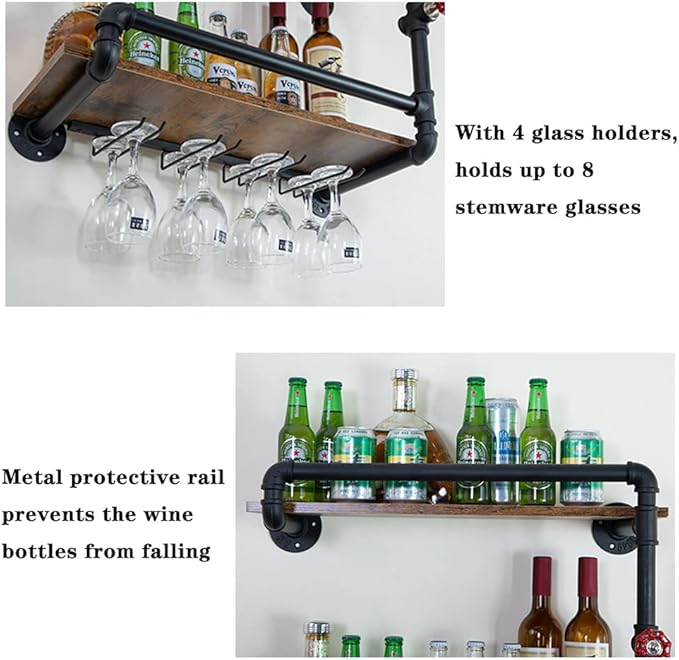 Wine Rack Wall Mounted 2 Tier, Hanging Floating Small Mini Bar Liquor Shelves with Glass Holder Storage Under, Industrial Rustic Pipe Farmhouse Kitchen Decor Black(23.6x10.6x19.7)