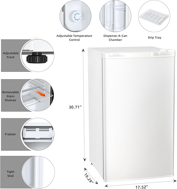Antarctic Star Mini Compact Refrigerator with Freezer, 3.2 Cu.Ft. Single Door with Adjustable Thermostat,Removable Glass Shelves for Apartment/Dorm/Office,WHITE