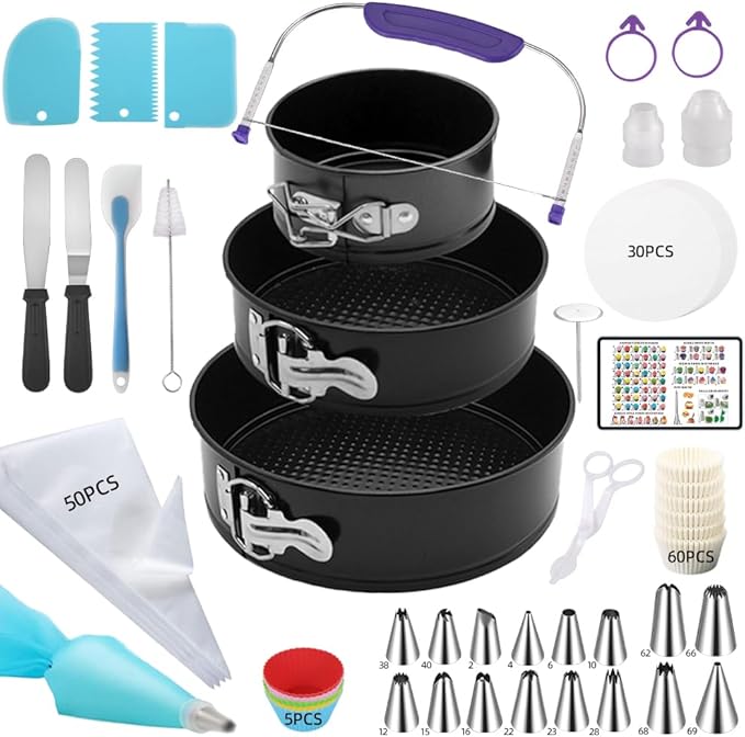 Complete 179PCS Springform Round Cake Pans Set for Baking and Cake Decorating, including 16 Piping tips,65Baking Cups,30Parchment paper liners,spatulas,4''+7'' +9''Cake Pans