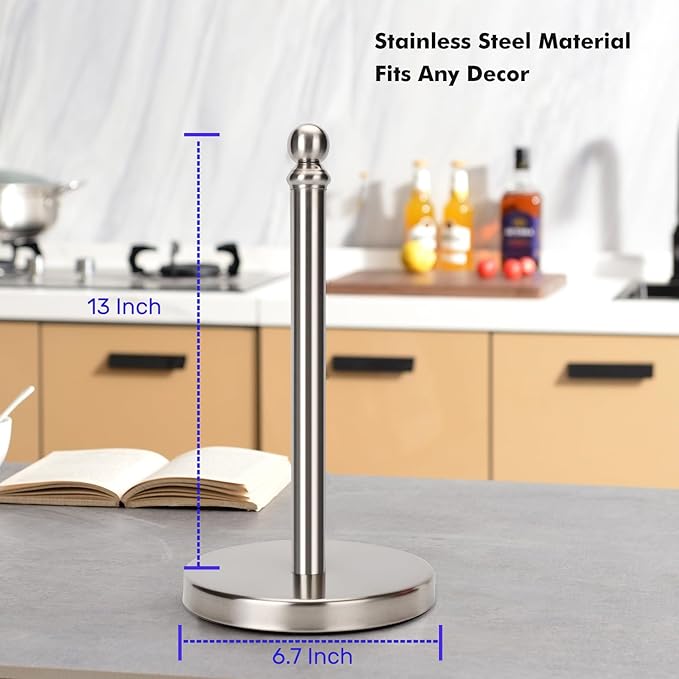 Paper Towel Holder Countertop with Weighted Base, One-Handed Design No Tipping Over, Stainless Steel Paper Towel Holder Stand in Brushed Nickel Finish