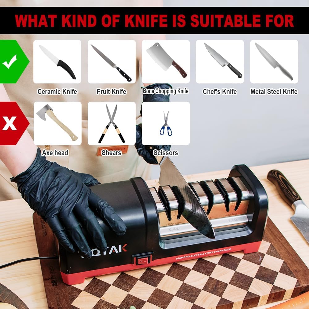 Electric Knife Sharpener,Professional kitchen knife sharpener,Diamond abrasive and precision Angle guide 3 stage slot home sharpener,Sharpening and Polishing, Red