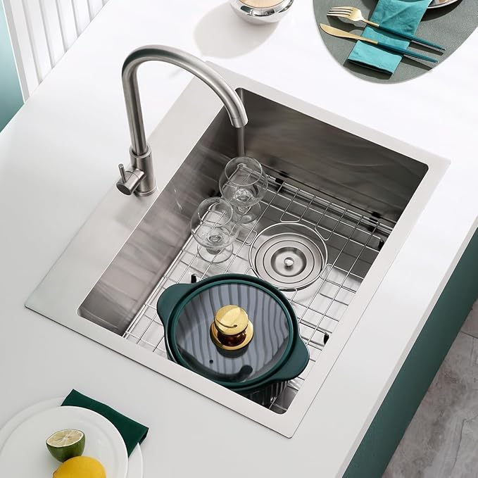 25x18 Inch Kitchen Sink, Commercial Grade 304 Steel Kitchen Sink, Centre-Offset Drain, 9" Deep Single Bowl Kitchen Sinks, Brushed(Inclued Bottom Grid & Drain Strainer)