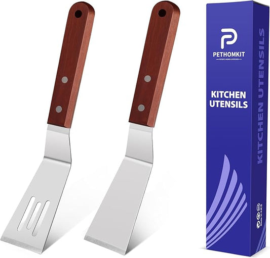 Small Metal Spatula Set for Cast Iron Skillet,Mini Wooden Spatulas for Kitchen Use,Thin Beveled Edge Stainless Steel Cookie Brownie Spatula Turner Server for Cake Egg Serving Cutting Flipping,2 Pcs