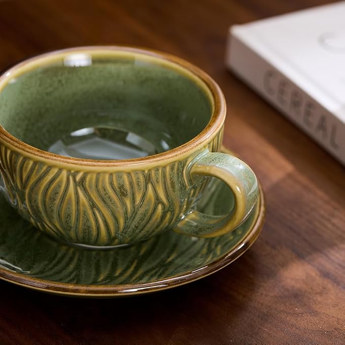 Vintage Design 12 oz Ceramic Latte Art Cappuccino Barista Cup with Saucer (Wave Green)