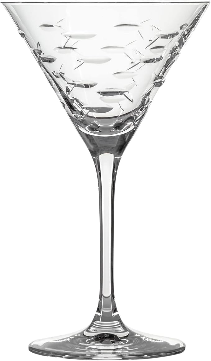 Rolf Glass School of Fish Martini Glass - Set of 4 Stemmed 10 oz. Martini Glasses - Lead-Free Glass - Diamond-Wheel Engraved Cocktail Glasses - Made in the USA