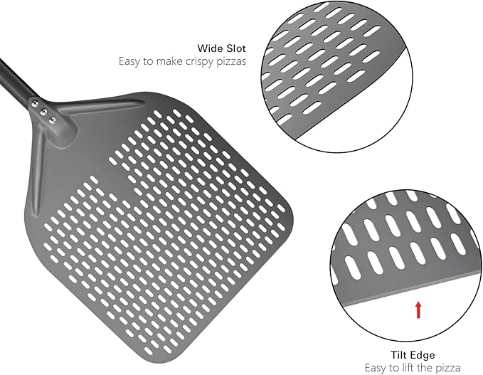 G.a HOMEFAVOR 14" x 17" Perforated Pizza Peel 35 Inch overall, Rectangular Aluminum Pizza Turning Peel with Extended Silcone Handle For Baking Pizza Brick Oven