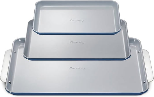 Caraway Non-Stick Ceramic Baking Sheet Trio - Naturally Slick Ceramic Coating - Non-Toxic, PTFE & PFOA Free - 18 x 13" Large, 15 x 10" Medium, & 9" x 13" Small - Navy