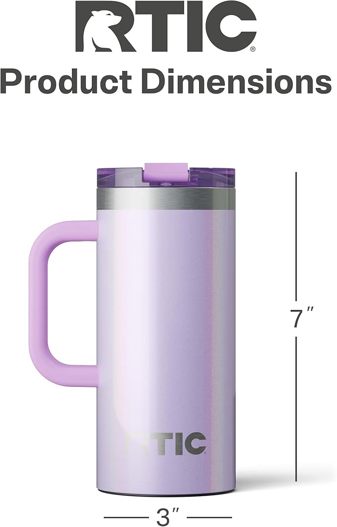 RTIC 16oz Road Trip Travel Mug with Lid and Handle, Ceramic Lined, Insulated, Stainless Steel, Metal, Double Wall Vacuum-Insulation, Portable Coffee, Tea Cup for Hot and Cold Drink, Lavender Glitter