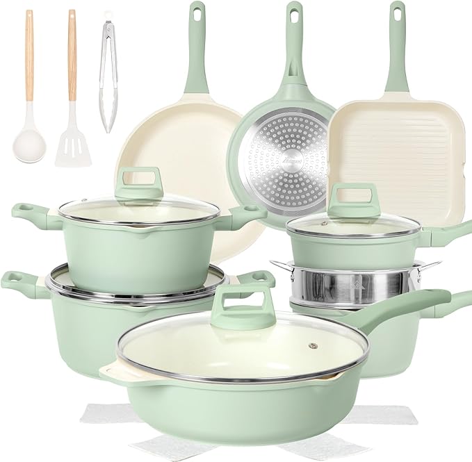 Romswi 23pcs Pots and Pans Set Non Stick, Kitchen Cookware Set with Casserole, Frying & Saucepans, Oven Safe & Stovetop Agnostic Non Toxic Cookware(Gas, Electric & Induction) - Green