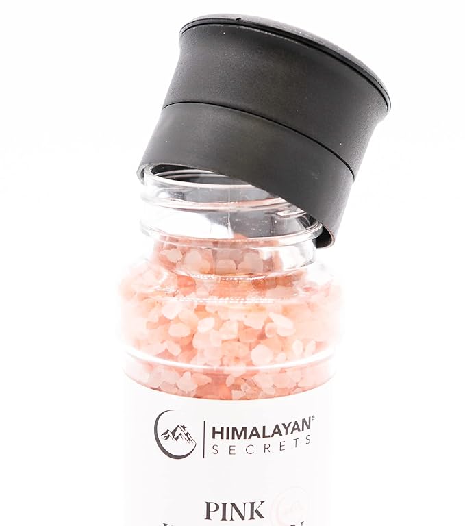 Himalayan Secrets Pink Salt Coarse Grinder - Natural Gourmet Cooking Salt, Kosher Certified, Unrefined, Mineral Rich, Bold Flavor, No Additives, Refillable Container with Ceramic Mill (8 oz)