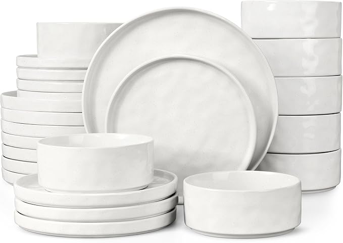 LIANYU 24 Piece Dinnerware Sets for 8, Stoneware Plates and Bowls Dish Set, Kitchen Dinner Ware Speckled Dining Dishware, Microwave & Dishwasher Safe, Polar White