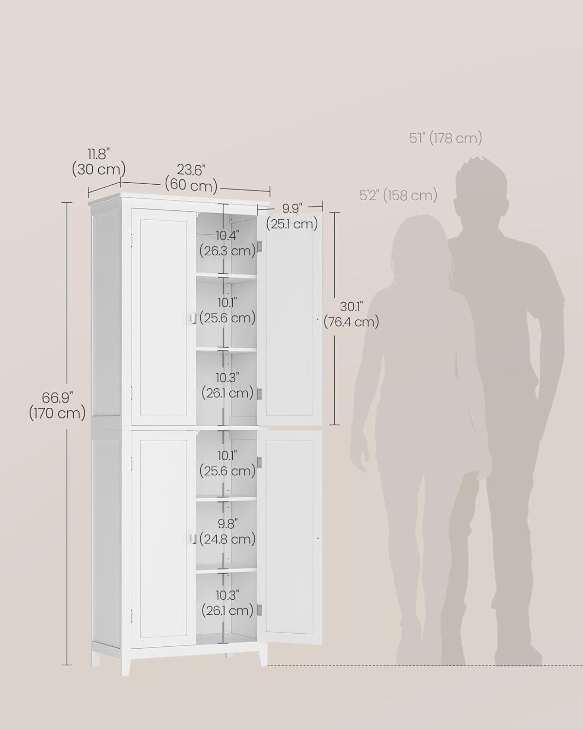 VASAGLE Floor Storage Cabinet, Freestanding Storage Unit with 4 Doors, Adjustable Shelves, 11.8 x 23.6 x 66.9 Inches, for Entryway, Bathroom, Cloud White UBBC550W01