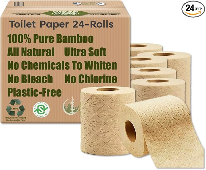 100% Bamboo, thick 3-ply toilet paper, tree-free, unbleached, sustainable, 300 sheets per roll (TP 24)