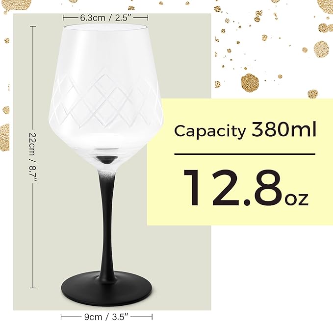 MIAMIO Premium Crystal Wine Glasses, Set of 4 with Black Long Stem, Unique Crystaluna Collection