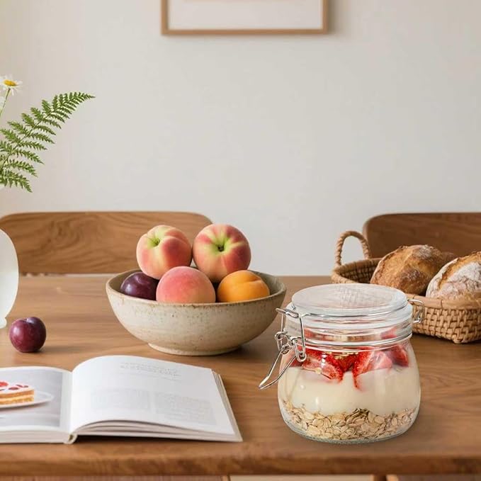 17oz Airtight Glass Jars with Lids, Set of 6 Small Food Storage Containers & Canisters, Clear Mason Jars with Wire Clip Seal for Canning, Pickling & Kitchen