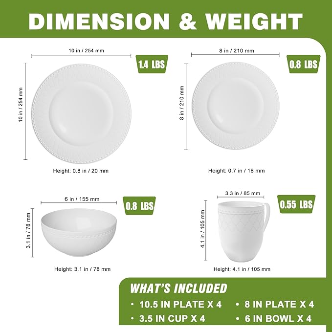 Yoshy 16-Piece White Embossed Mesh Bone China Dinnerware with Lightweight Durable Chip Resistant Design Service for 4