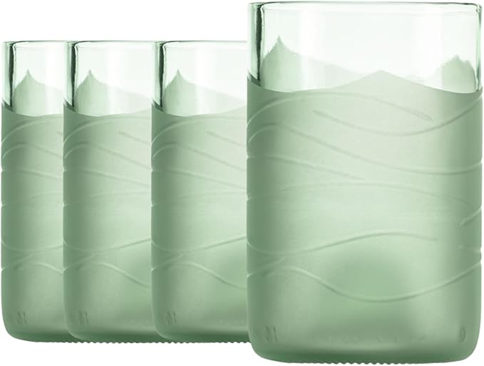 Rolf Glass Glacier Glass 12oz Tumbler | Recycled Glassware | Made in the USA | Antique Green Glass | Eco-Friendly Repurposed Wine Bottles | Set of 4