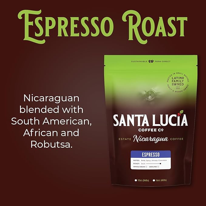 Santa Lucia Coffee Café Crema Espresso Roast Coffee - Specialty Volcanic Nicaraguan Espresso Roast - Farm-Direct, Low-Acid - Dense Golden Crema - 91-Point, Small-Batch - Ground - 16oz (Pack of 3)