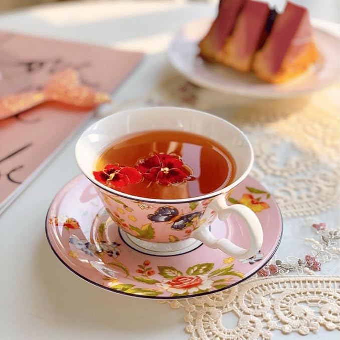 Aynsley Cottage Garden Windsor Fine Bone China English Tea Cup and Saucer Set, 7.4 oz(Pink)
