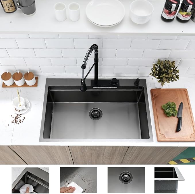 Black Kitchen Sink with Waterfall Faucet Combo, 33x22 Drop in Kitchen Sink with Faucet Stainless Steel 16 Gauge Single Bowl Modern Ledge Workstation