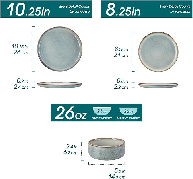 vancasso PLAYA Plates and Bowls Sets, 24 Pieces Light-Blue Dinnerware Sets for Kitchen, Reactive Glaze Dishes Set for 8, Dishwasher and Microwave Safe