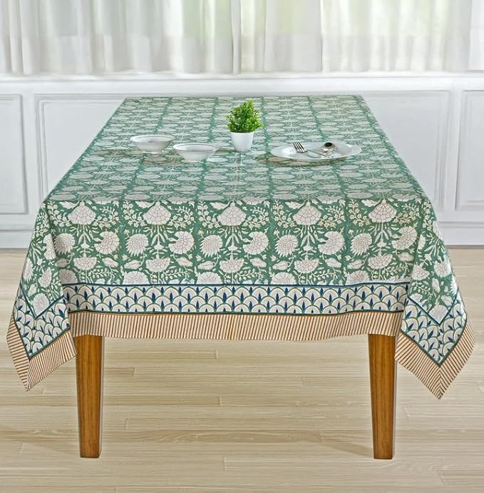 Ridhi -Turquoise Moss Green Cotton Tablecloth, Handblock Print Floral Table Cloth for Kitchen Dining Linen I Thanksgiving, Christmas, Wedding, Fall Décor 12 Seater 72X140 Inches Rectangle