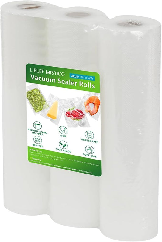 L'ELEF MISTICO Vacuum Sealer Bags for Food, 11''X20' (3 Rolls) BPA Free Food Saver Bags for Sealer, Customized Size Vacuum Storage Bags for Sous Vide or Meal Prep