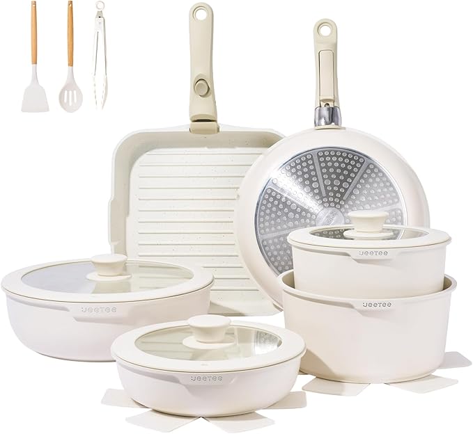 JEETEE Nonstick Pots and Pans Set with Removable/Detackable Handle (Beige, 25 Pieces)