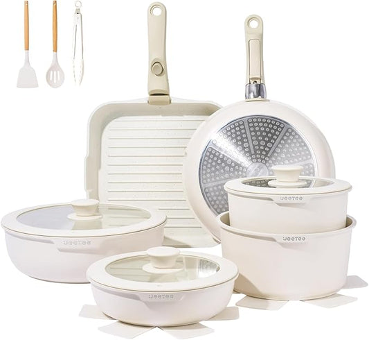 JEETEE Nonstick Pots and Pans Set with Removable/Detackable Handle (Beige, 25 Pieces)