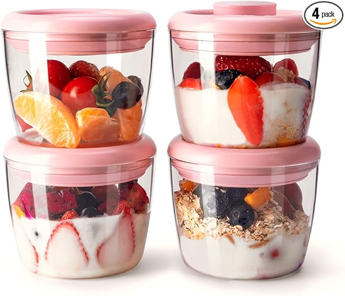 Ankou 400ml Meal Prep Container Set of 4 Pink Tritan Plastic Food Storage Containers with Lids, Airtight Leakproof Pop Top Lid Bowl for Breakfast Leftovers