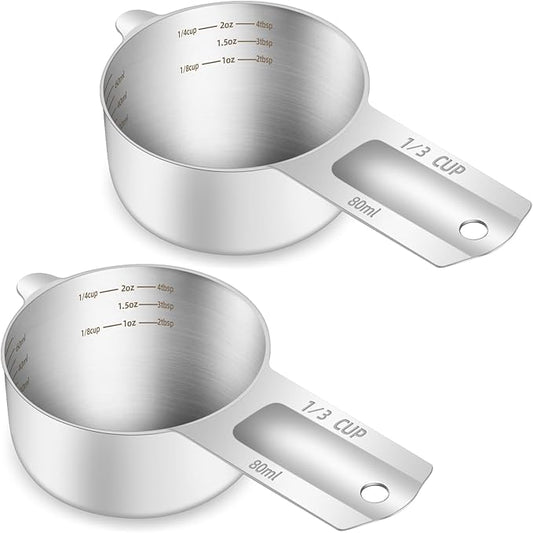 2PCS 1/3Cup (80ml, 2.6oz) Single Measuring Cup, Etched Inner Scale Stainless Steel Measure Scoop, Metric and US Measurement, Dishwasher Safe