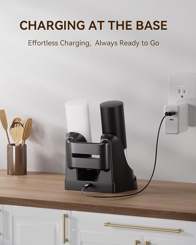 Electric Salt and Pepper Grinder Set with Dual Charging Base, 6 Adjustable Coarseness Levels & External Grind Settings, One-handed Operation Salt and Pepper Mills with LED Light,Black & White