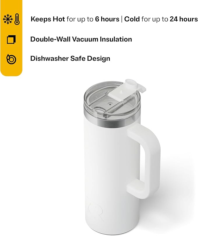 RTIC 20oz Road Trip Travel Mug with Lid and Handle, Ceramic Lined, Insulated, Stainless Steel, Metal, Double Wall Vacuum-Insulation, Portable Coffee, Tea Cup for Hot and Cold Drink, White