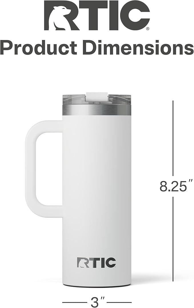 RTIC 20oz Road Trip Travel Mug with Lid and Handle, Ceramic Lined, Insulated, Stainless Steel, Metal, Double Wall Vacuum-Insulation, Portable Coffee, Tea Cup for Hot and Cold Drink, White