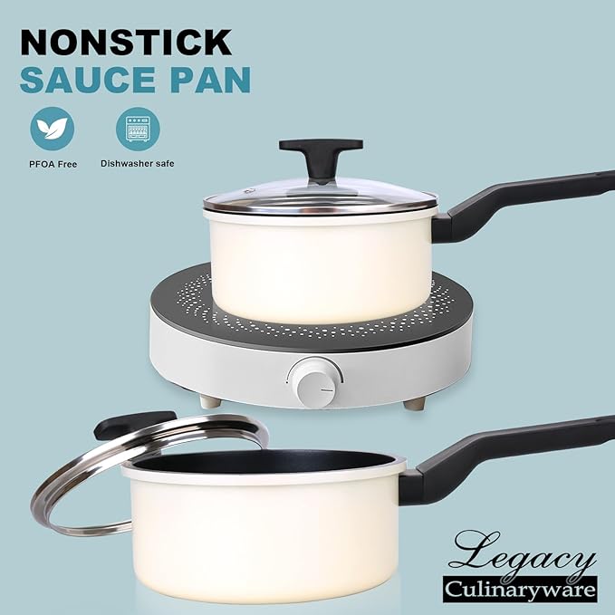 Nonstick Sauce Pan with Lid,1.5Qt & 2Qt Set, PFOA Free,Kitchen Pots Induction Pot,Cream